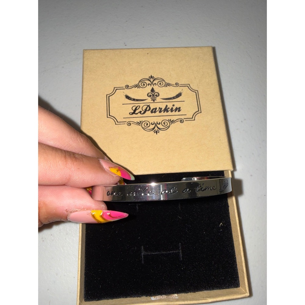 L.Parkin One Mile At A Time Engraved Silver Tone Cuff Bracelet Bangle
